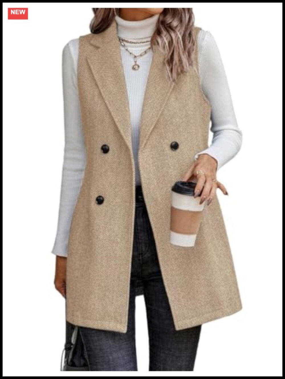 Tweed Sleeveless Long Vest Blazer Jacket Herringbone Polyester Wool Fall